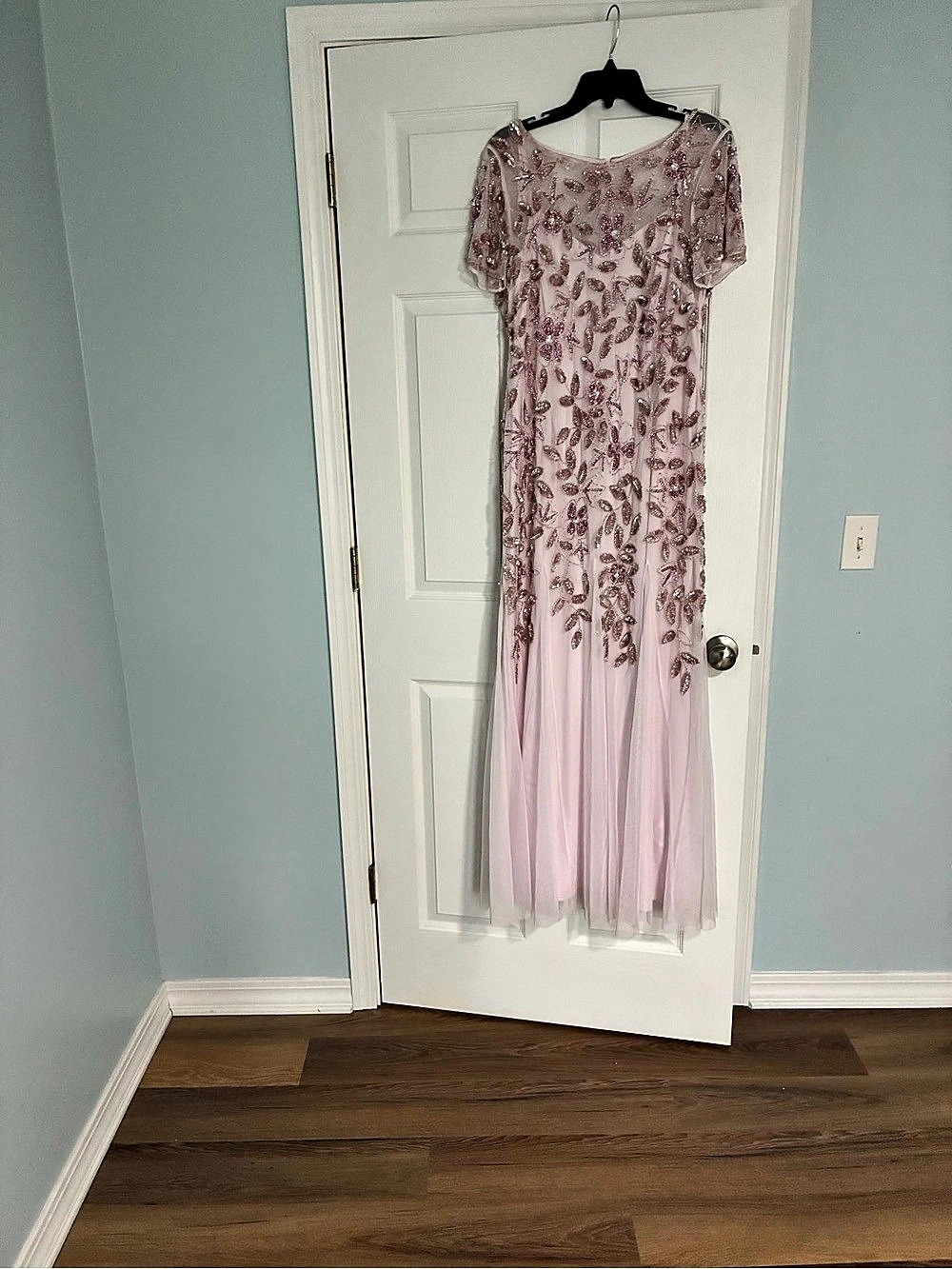 Adrianna Papell Short Sleeve Floral Sequin Beaded Gown